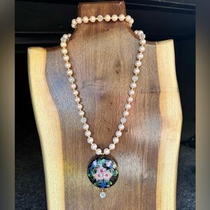 Elegant Faux Pearl Necklace with Cloisonne Floral Pendant